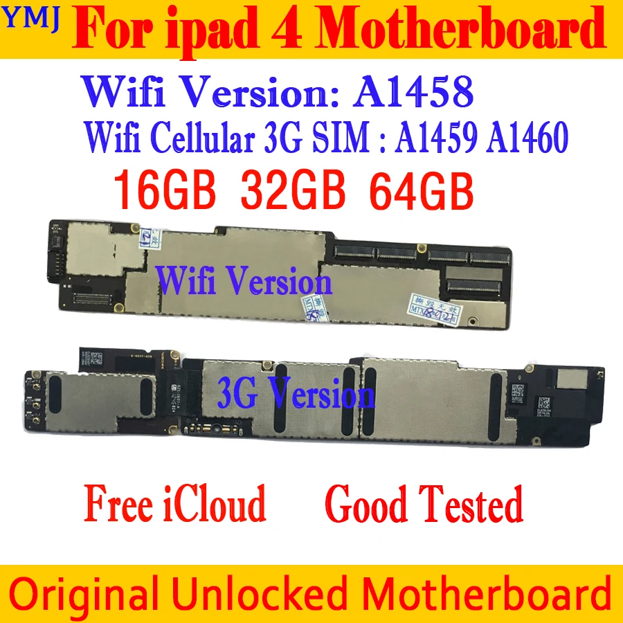 Scheda Madre Originale Per Ipad 4 Wifi/Cellulare 3G Icloud Gratuito 16Gb / 32Gb / 64Gb Per Ipad 4 Scheda Logica Sbloccata Con Chip Completi