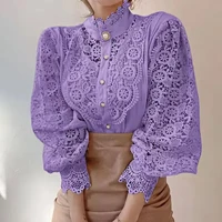 Elegant Loose Sweet Fashion Lace Women Blouse Office Stand Collar Casual Shirt Ladies Petal Long Sleeves Hollow Out Top Clothing - Image 6