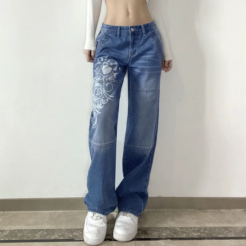 Spring Autumn New Fashion Printing Jeans Women High Street Casual Loose Zipper Button Pockets Cotton All-match Straight Pants korean trendy ins personalized street illusion letter jeans women washable buttons zipper pockets loose straight wide leg pants