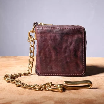 Portafoglio a catena da uomo in pelle di vacchetta di primo strato di alta qualità alla moda semplice portafoglio per adolescenti in vera pelle plissettato fatto a mano dal design vintage