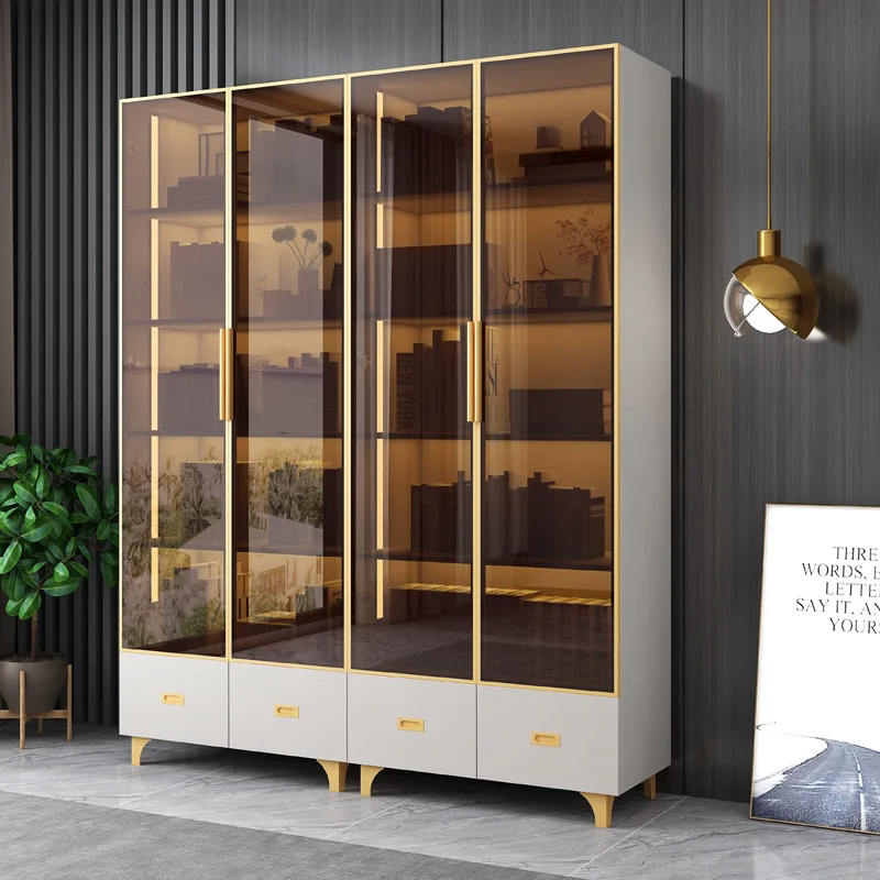 

Modern Minimalist Light Luxury Bookcase with Glass Door Display Cabinet Living Room Bookshelf with Light