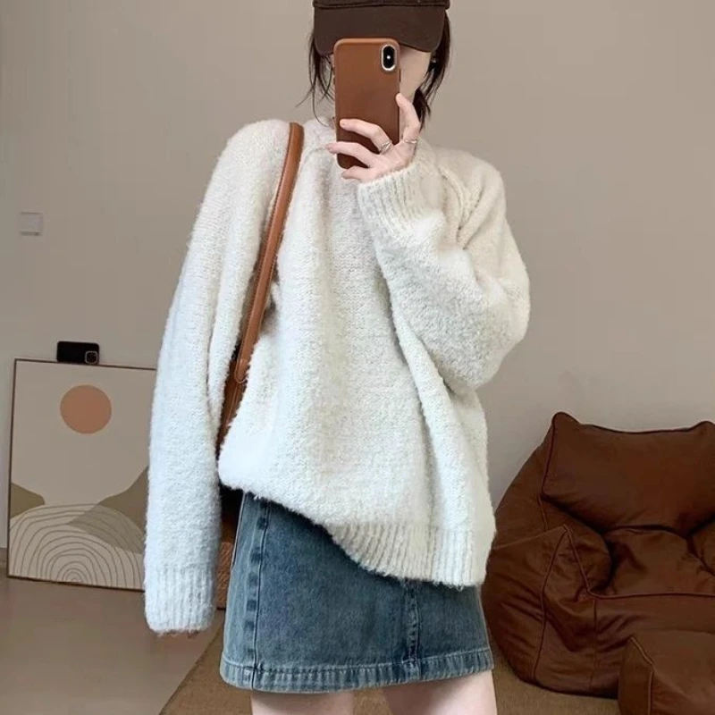 

Ladies Sweaters Off White Pullover Round O Neck Knitted Top for Women New Knitwear Crochet Y2k Vintage Cold Winter Modern Jersey