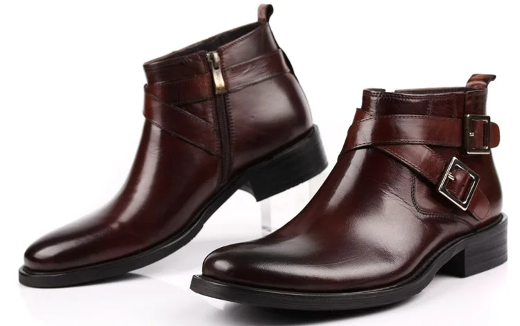 Men Large Size EUR46 Double Buckle Business Ankle Boots Genuine Leather Dress Boots