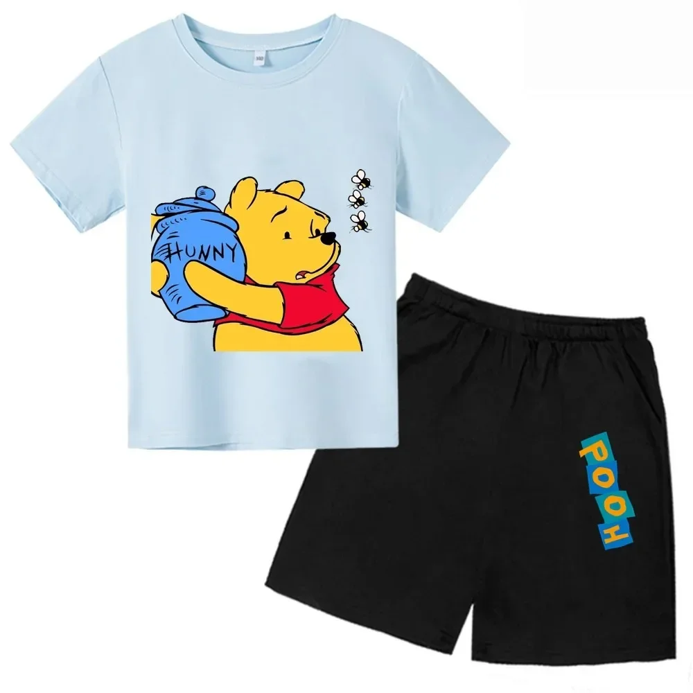 thumbnail image 1 of Camiseta y pantalones cortos de dibujos animados de Winnie The Pooh de verano para niños, traje de 2 piezas, ropa informal para niños y niñas, conjuntos de manga corta con estampado gráfico, 1 of 5