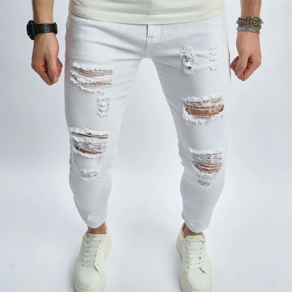 Men's Street Distressed White Skinny Jeans Men Good Quality Stylish HipHop Holes Slim Stretch Pencil Denim Pants