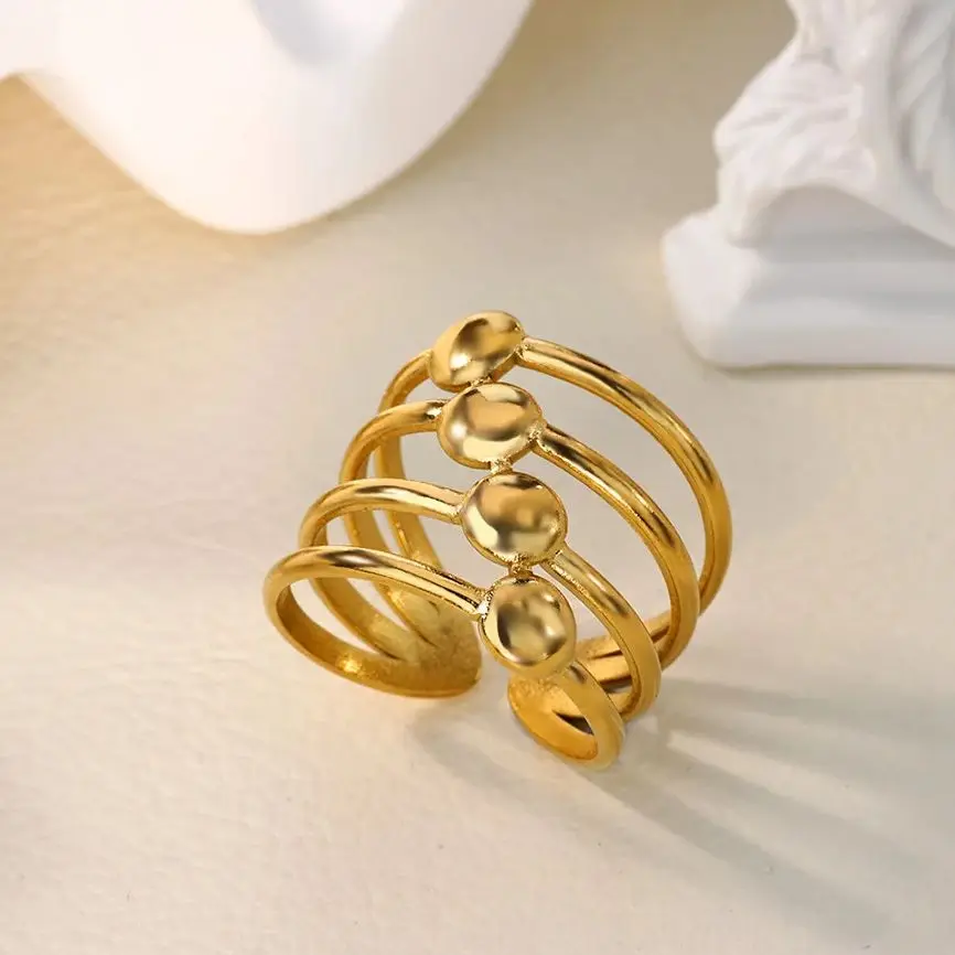 Fashion 3 Rows Beaded Rings for Women Gold Color Stainless Steel