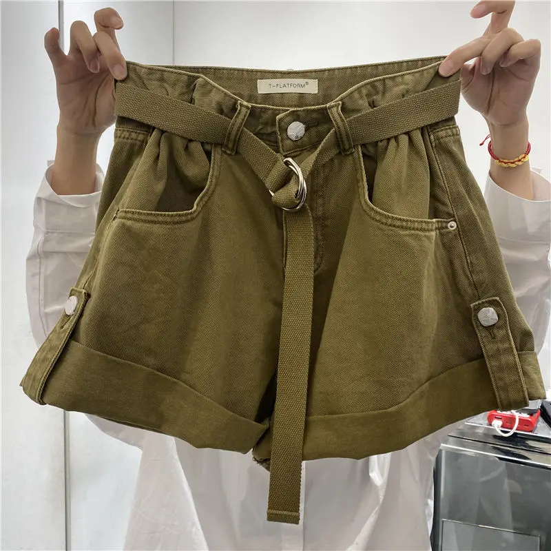 

High Waist Denim Shorts Women's 2022 Summer New Style Flanging All-Match Wide-Leg Hot Pants With Belt