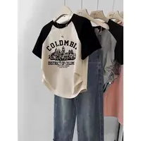 Color Blo ort Sve round Ne T-irt Women's Slim Fit Vintage American Sle Retro INS Faion Top Trendy Streetwear