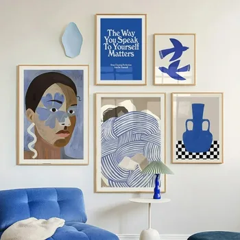 Linea astratta Volto Curva Ragazza a strisce Vaso Uccello Pittura su tela Poster Decorazioni per la casa Soggiorno Wall Art per camera da letto