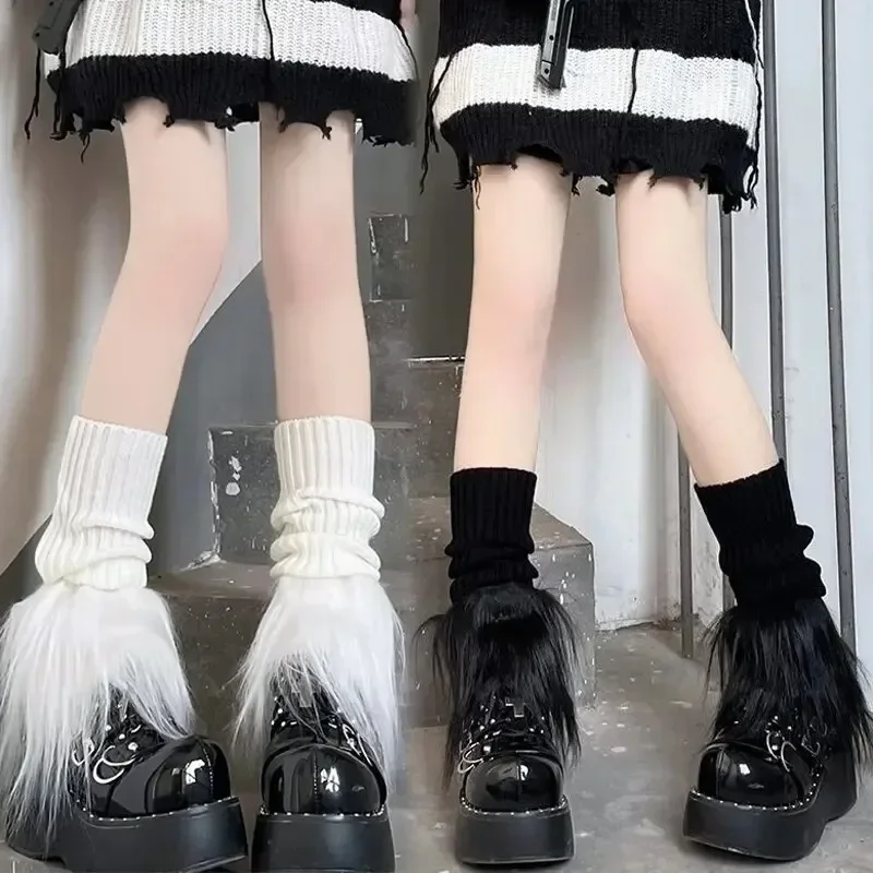 Lolita Warm Sweet Stockings Furry Black White Boot Cover Socks Plush Knitting Leg Warmers Women Winter Long Faux Fur Stocking