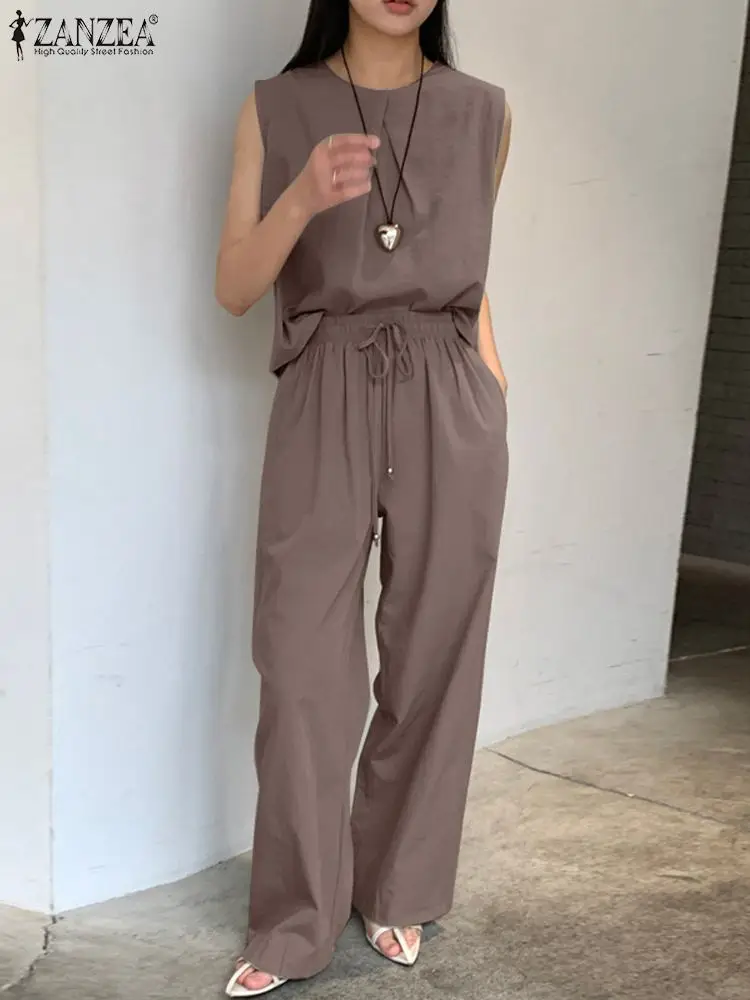 

ZANZEA Fashion Holiday Matching Sets Women Blouse Suit Solid Tanks Tops & Elastic Waist Pants Elegant Work Suit Urban Tracksuits
