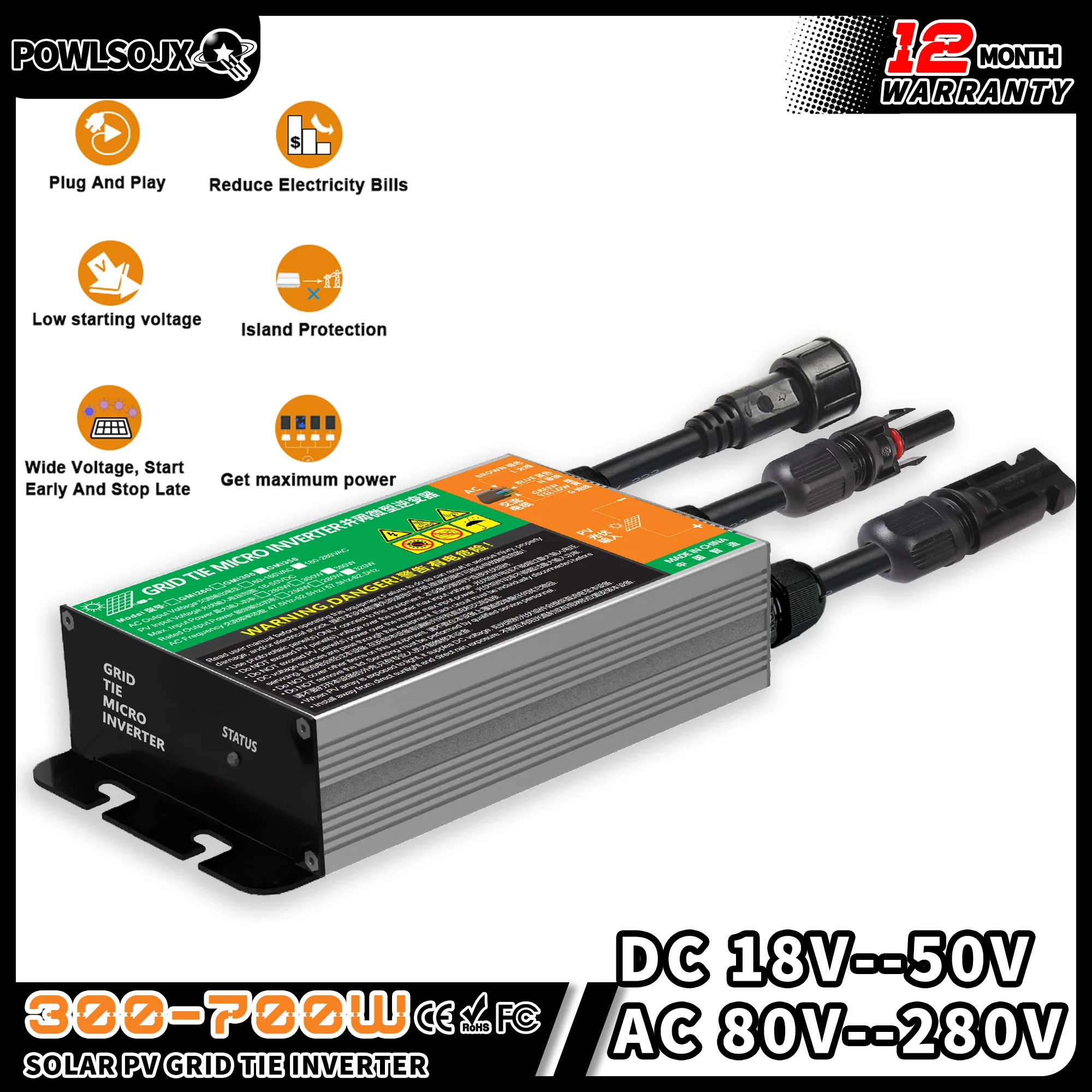POWLSOJX On-Grid อินเวอร์เตอร์ 110 V/220 V Dual ตัวเลือก, 24 V เริ่มต้น 50 V Voc, Plug & Play Solar Micro Inverter สําหรับ Home/RV/กลางแจ้ง 1