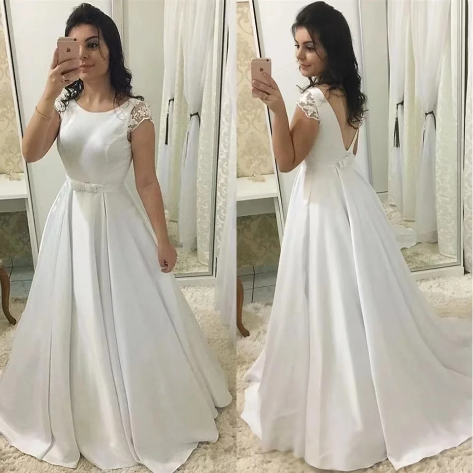 

Simple Plus Size White A Line Wedding Dresses Lace Cap Sleeve Custom Made Scoop Neck Satin Bridal Wedding Gowns Sweep Train
