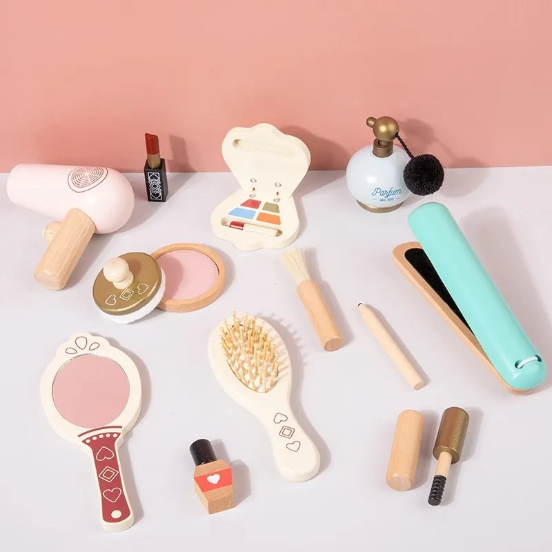 

Wooden Haircut Toy Set Kids Vanity Salon Makeup Kit Beauty Simulation Pretend Play Wooden Toys For Kids Wooden Cosmetic Play Set