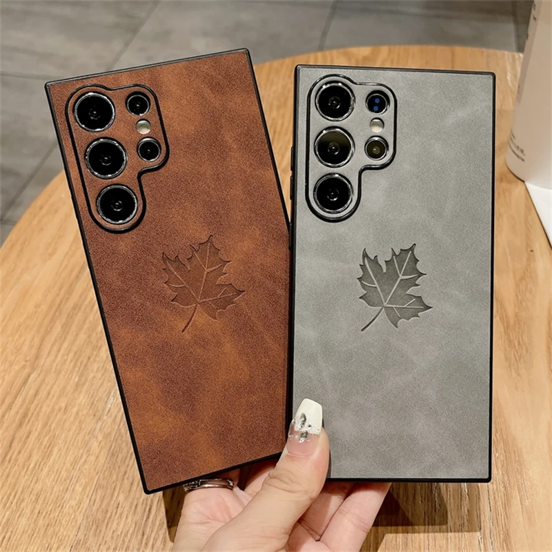 Maple Leaves Embossed PU Leather Phone Case Cover
