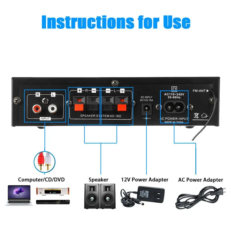 AK45/AK35 800W Home Power Amplifier 2 Channel Bluetooth 5.0 Mini Hifi  Digital Stereo Sound Amplifier Support FM USB SD Mic input