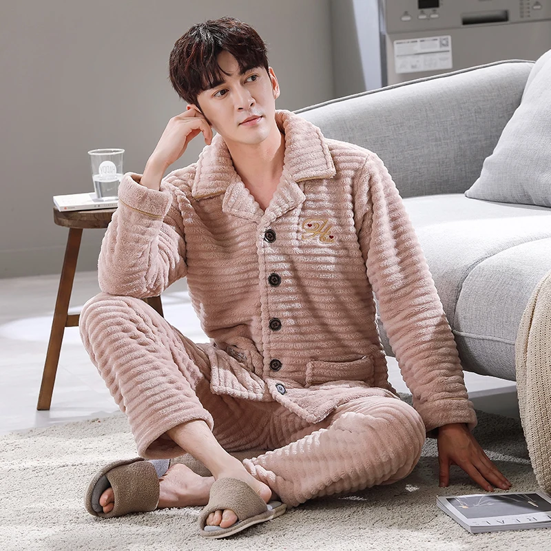 겨울 잠옷 남성용 두꺼운 산호 양털 잠옷 세트 따뜻한 잠옷 플란넬 남성용 잠옷 세트 캐주얼 홈웨어 피자마 L-3XL