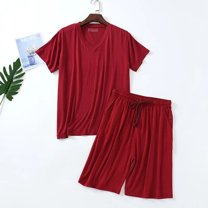 Mens Summer Pijamas Modal Plus Size 4xl Short Sleeve Shorts Thin V-neck Pullover Tops Loose Shorts Pajamas Set