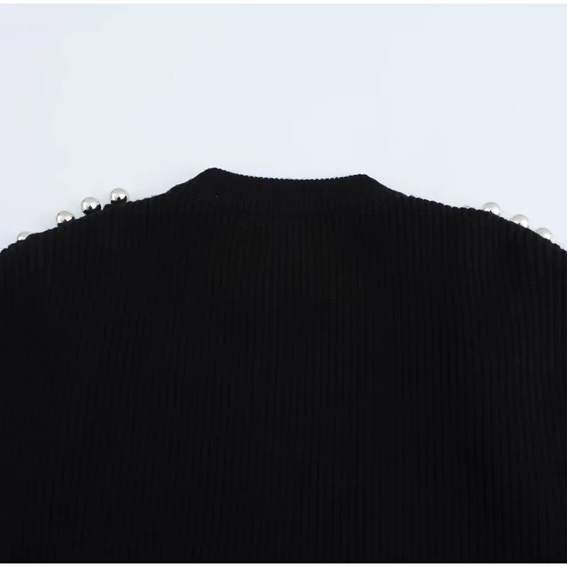 Fashion Women's Beading Sweater Pullover Elegant Knitted Black Long Sleeve O-neck Jumper 2025 New Spring Lady Casual Outwears