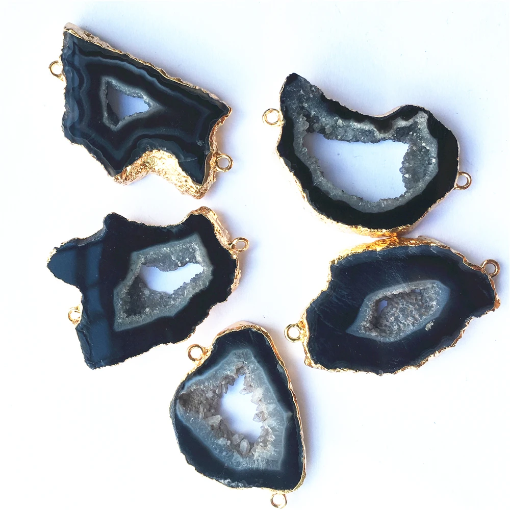 

5PCS Natural Black Agates Slice Pendant Connectors Gold Irregular Raw Onyx Druzy Natural Stones Pendants for DIY Jewelry Making