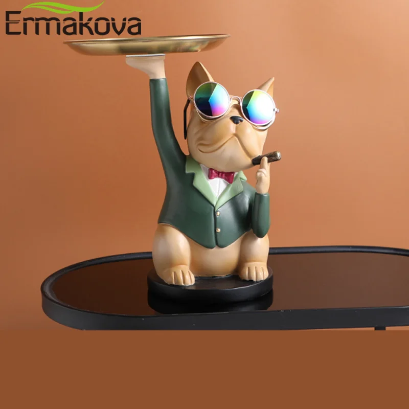 ERMAKOVA Animal Figurines,Glasses Bulldog Sculpture,Ornament,Statue,Table Decoration,Storage Metal Tray,Fruit Dish,Home Living images - 6