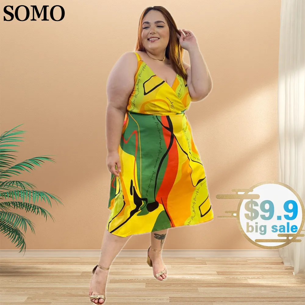 

SOMO Fashion Printed Plus Size Women Dreeses V Neck Sexy Back Bandage Sleeveless Summer Party Dress 2023 Wholesale Dropshipping