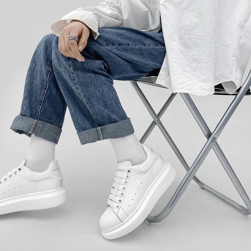 

Женские кроссовки из натуральной кожи, белые кроссовки на танкетке, на шнуровке, дышащие, повседневная обувь на массивной подошве, для весны и лета, 2022