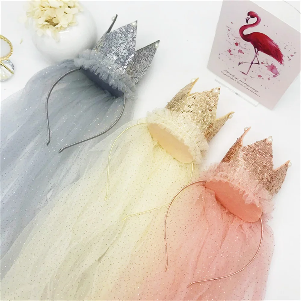 

Cute Baby Girls Princess Glitter Crown Headband with Long Gauze Kids Happy Birhtday Headwear Child Party Hair Accessories Gift