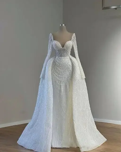 Amazing Pearls Wedding Dresses Mermaid With Detachable Train Long Sleeves