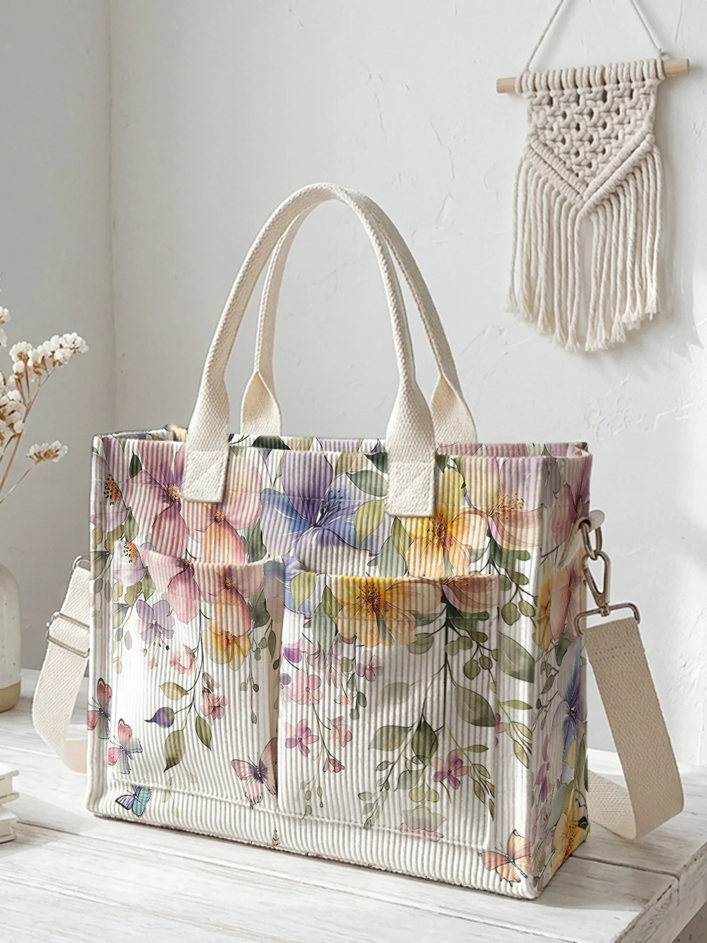 Cord-Tragetasche mit Aquarell-Blumen- und Schmetterlingsdruck, große Kapazität, mehrere Taschen, Pendler-Umhängetasche