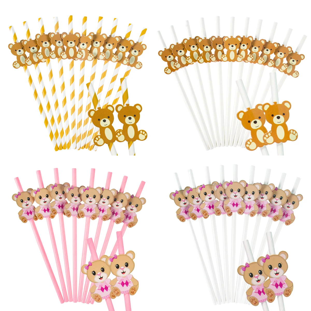 10-30pcs Cartoon Bear Paper Straws Disposable Drinking Straw Baby Shower Kids 1st Boy Girl Birthday Party DIY Decoration