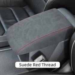 Premium Leather Protective Cover for Central Armrest Box - Volkswagen Tiguan Accessories (Suede red thread)