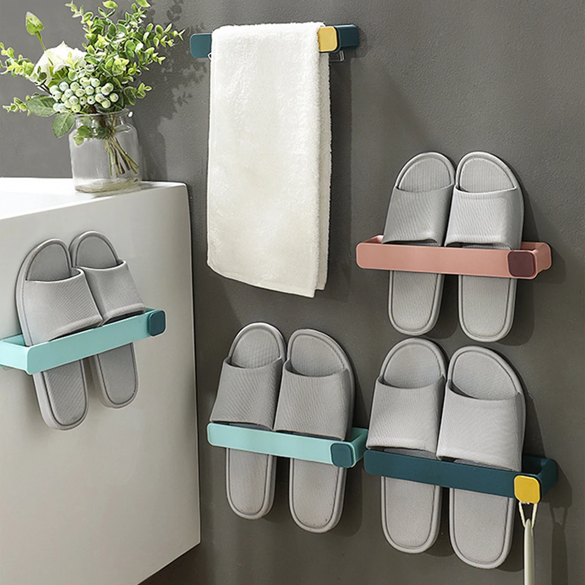 1pc Modern & Turquoise Bathroom Slipper Rack,No-Drill Wall-Mounted Shoe Storage Organizer, Space-Saving Design, Durable Plastic
