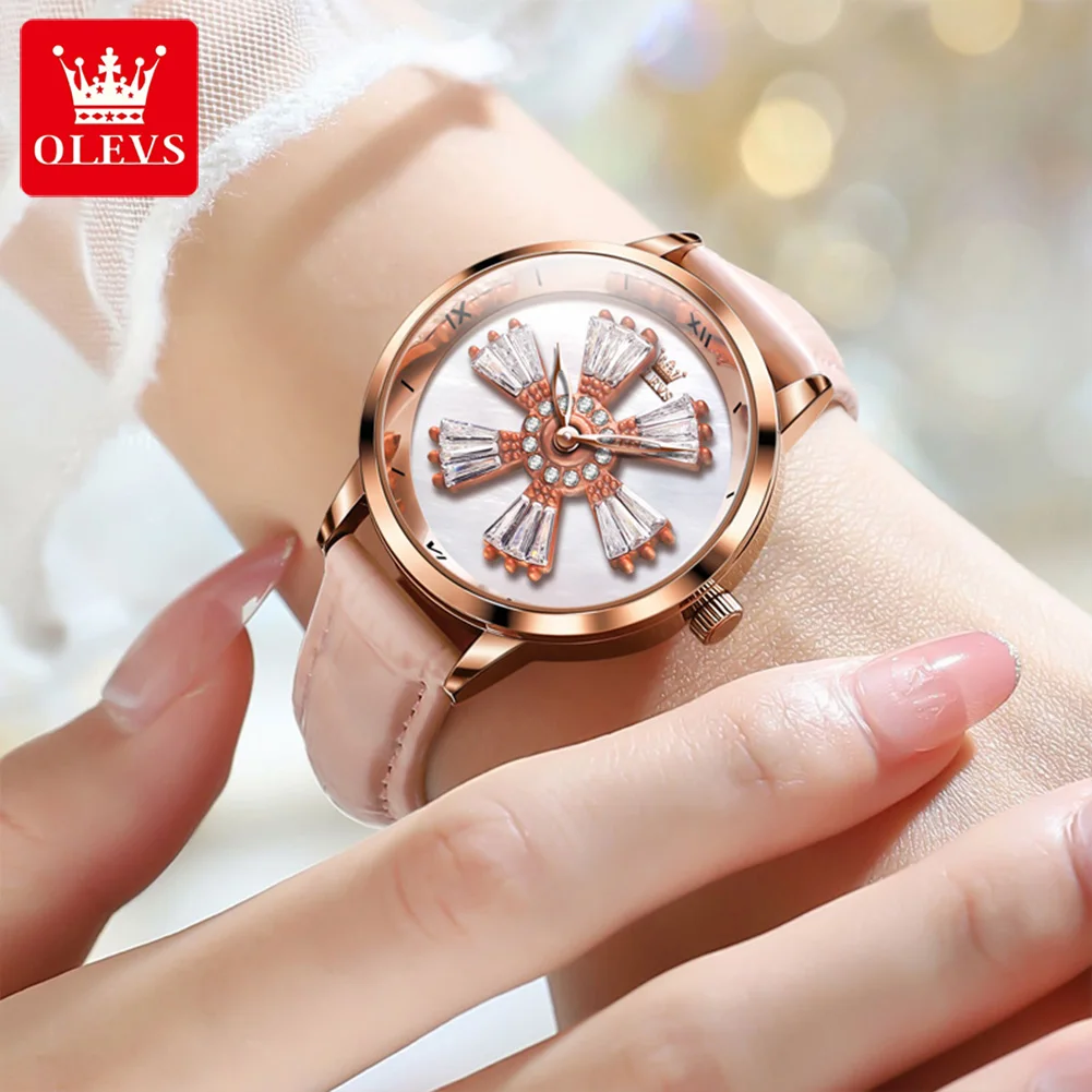 OLEVS Quartz Watch for Women In Rotation Flowers Dial Leather Strap Waterproof Fashion Elegant Women's Wristwatches Reloj Mujer