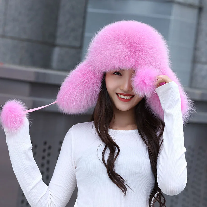 2023 Cap100% Real Fox Fur Women\'s Hats Russian Ushanka Aviator Trapper Snow Ski Hat Earflap Caps Winter Raccoon Fur Bomaber Hat