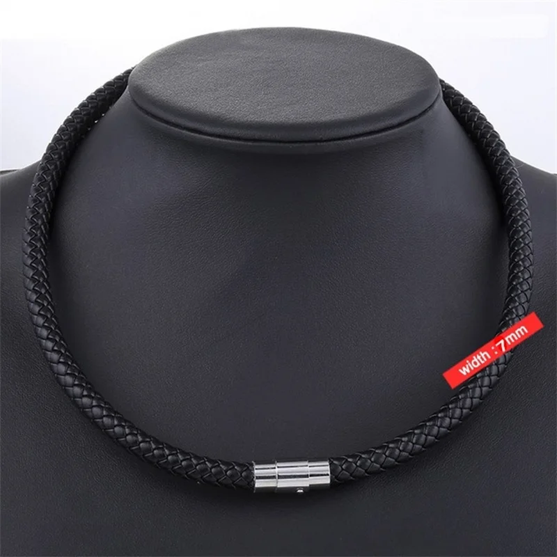Punk Men's Leather Braided Rope Chain Necklace Stainless Steel Magnetic Clasp