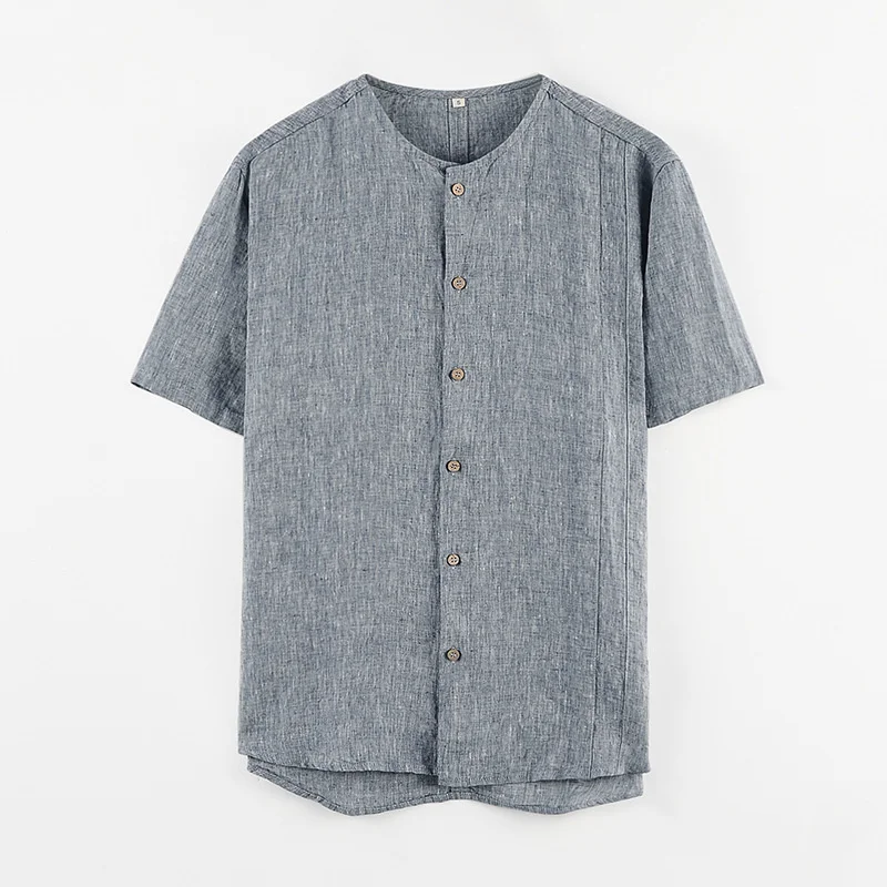 

2023 Summer Linen Shirts For Men Casual Plain Short Sleeve Simple Breathable Button O Neck Beach