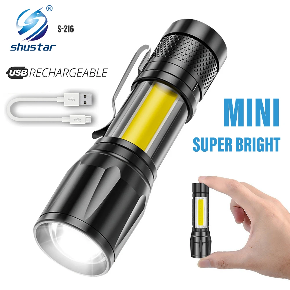 

Rechargeable LED Mini Flashlight with COB Side Light Illumination Distance Up To 300 Meters Waterproof Telescopic Zoom
