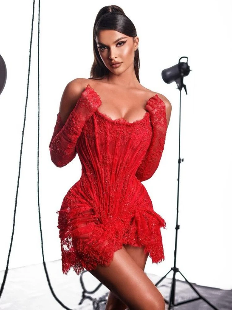 

Sexy Strapless Corset Lace Mini Dress Women Black Red Lace With Gloves Asymmetrical Draped Dress Celebrity Cocktail Evening Dres