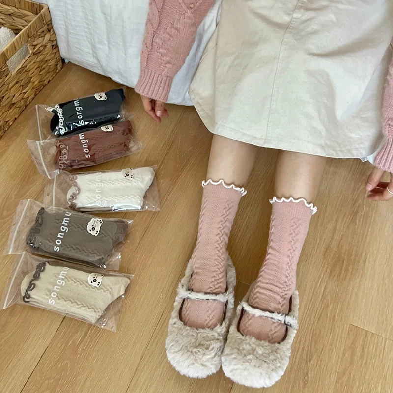 

1 Pair Retro Women Cotton Loose Socks Autumn Winter Knitting Solid Color Long Black Pink Korean Japanese Student Girls Stockings