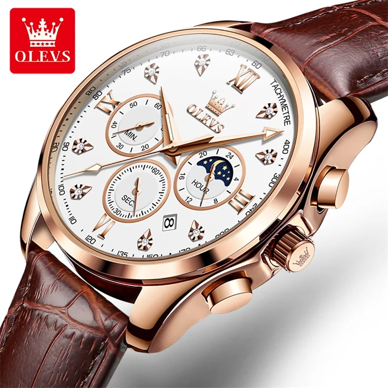 OLEVS Luxury Casual Sport Watch For Men Top Brand Leather Strap Date Moon Phase Waterproof Watches Male Clock Reloj Hombre