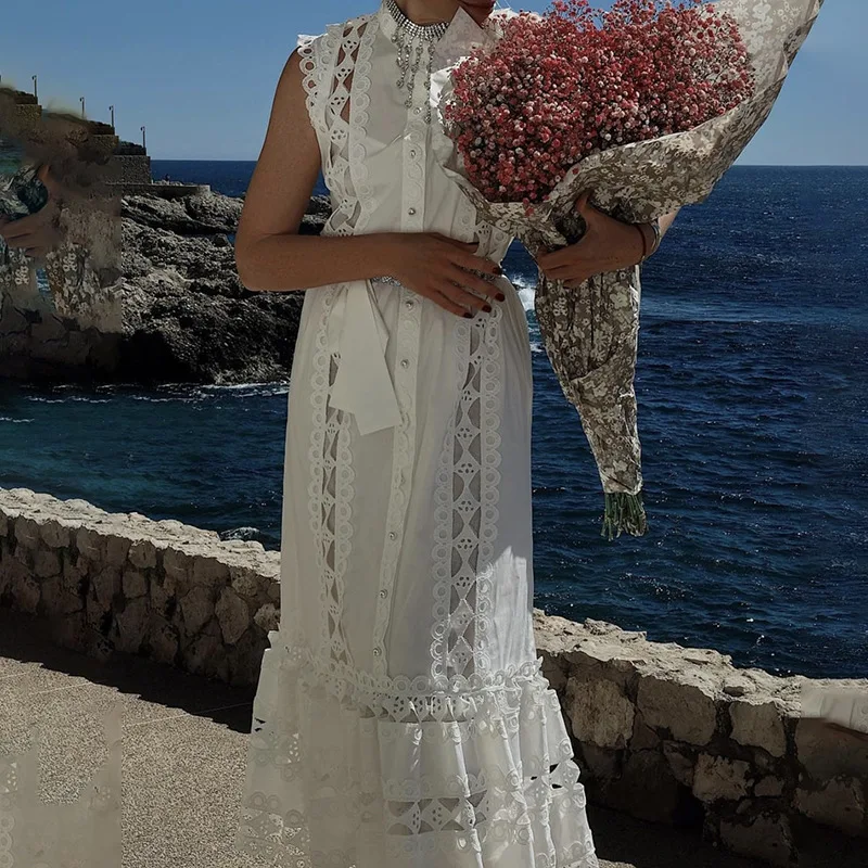 

French temperament stand up collar sleeveless dress women's 2023 summer new design sense openwork long skirt