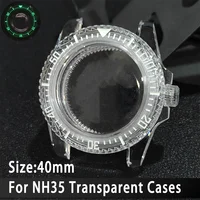 For NH35 Case Transparent 40mm Case 20mm Watch Bands Set Green Luminous SUB Acrylic Plastic Case Clear Watch Case Accessories