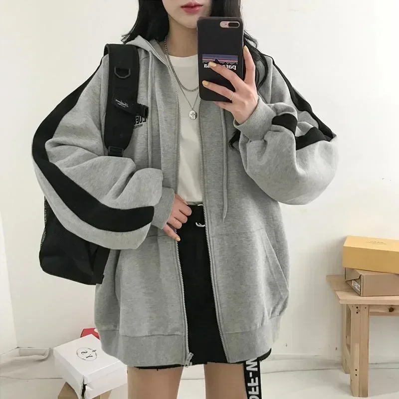 여성용 한국 패션 집업 후디, 긴 소매 루즈 플리스 코트, 하라주쿠 스트리트웨어, 지퍼 후드, Y2k, 2023 가을