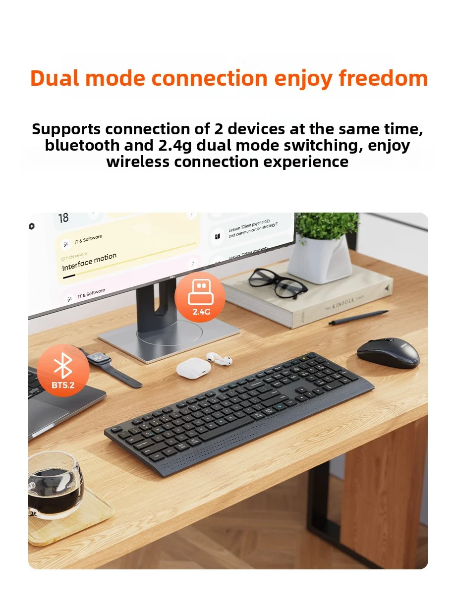 Kabellose, wiederaufladbare Maus-Kombination (2,4 GHz/Bluetooth) und Tastatur in Standardgröße mit Multifunktionstasten für Windows-PCs und Office-Anwendungen_voghion.com