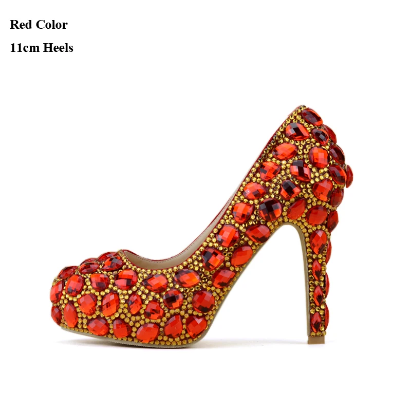 

Red with Gold Crystal Marriage Wedding Party Shoes Thin Heel Formal Dress Shoes Plus Size Super High Heel 14cm