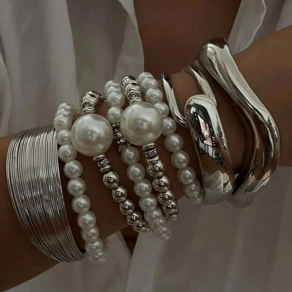 DIEZI Punk Hip Hop Multilayer Pearl Beads Strand Bracelet Fashion Silver Color Geometric Spring Bangles for Women Men Jewelry