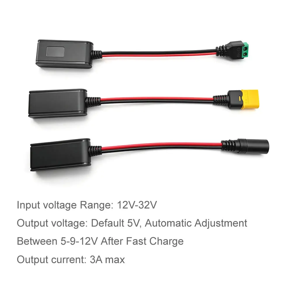 QC3.0 QC2.0 DC-DC 전력 변환기 벅 고속 충전 케이블, XT60/2핀 무납땜 터미널 DC12V-24V - USB 5V 스텝다운 케이블