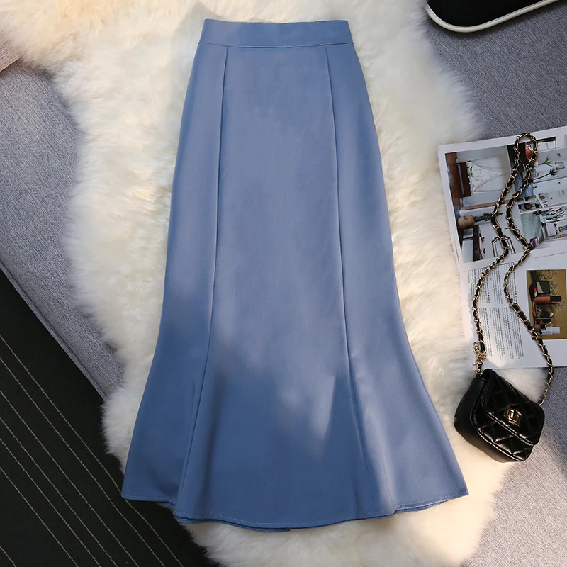 black leather skirt Syiwidii Elegant Long Skirt for Women 2022 New Spring Summer Causal Korean Fashion Midi Work Trumpet Pencil Skirts Black Blue black skirt