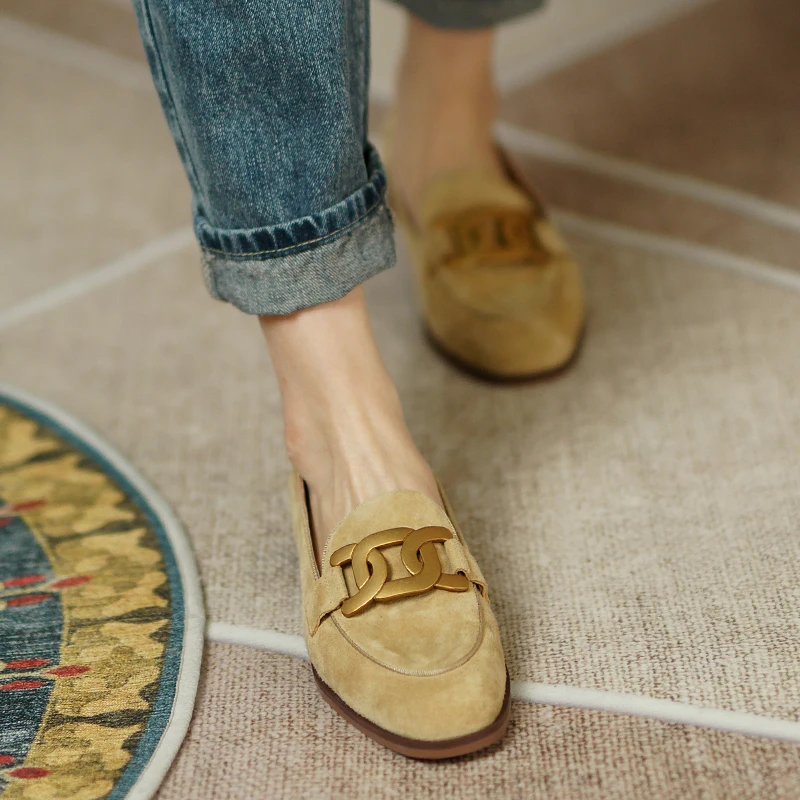 Women Shoes Genuine Leather Flats Loafers Round Toe Sheep Suede Metal Decor Slip-on Footwear Ladies Cozy Casual Shoes casual flats